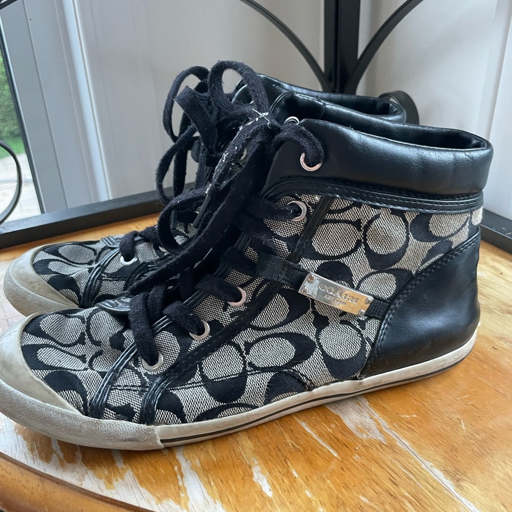 COACH monogram black and grey high tops with black leather and silver detailing